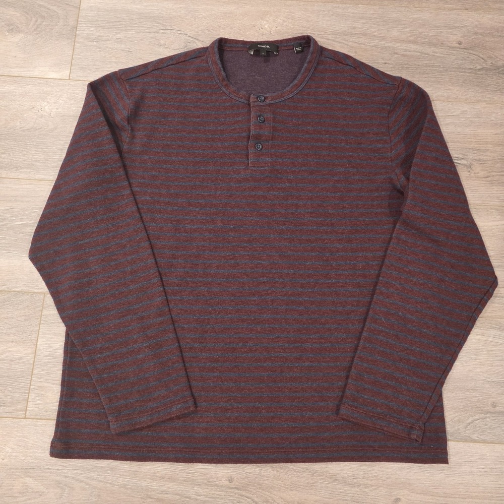 Vince Henley Sweater Mens Large Cotton Viscose Blend Red Burgundy Striped Preppy